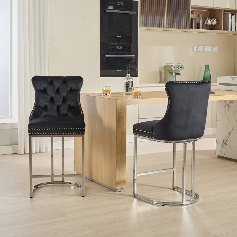 Counter Height Bar Stools Set of 2 Velvet Upholstered Barstools with Decoration Chrome Nailhead Trim Leisure Bar Stools