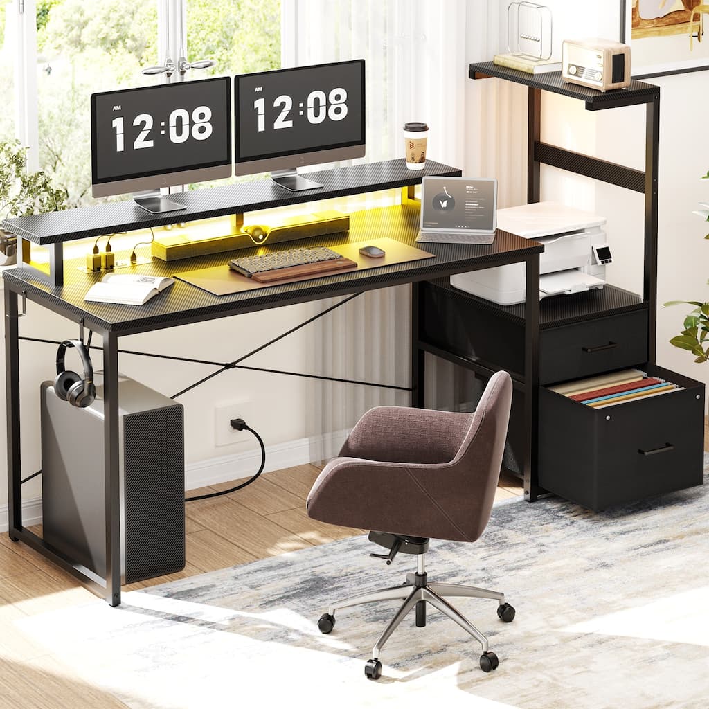 60'' Reversible Gaming Desk with Monitor Stand & Fabric Drawers,Home Office Computer Desk with RGB LED Strip & Power Outlets