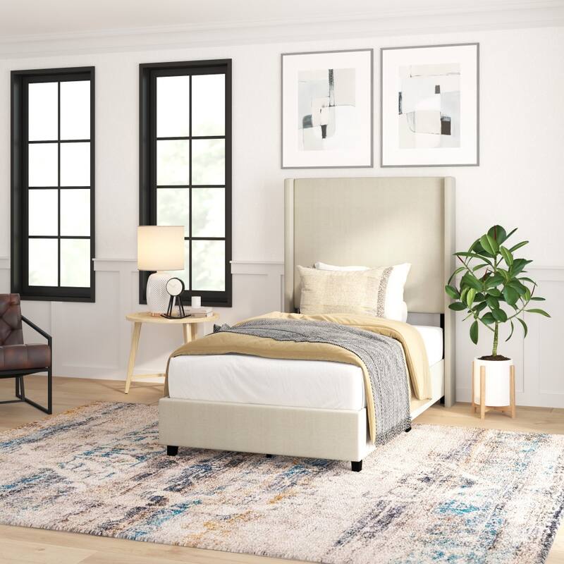 Upholstered Platform Bed with Channel Stitched Headboard - Beige - Twin