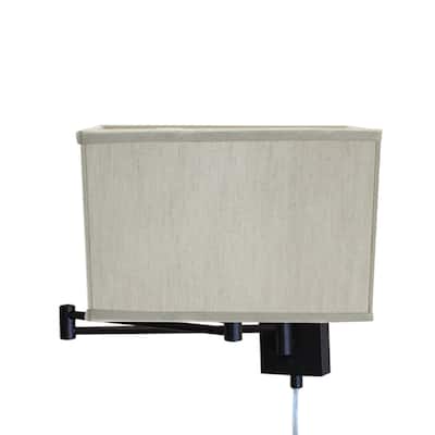 Dimmable Swing Arm Wall Light Bronze Brown Finish with Textured Oatmeal Rectangular Lampshade - N/A