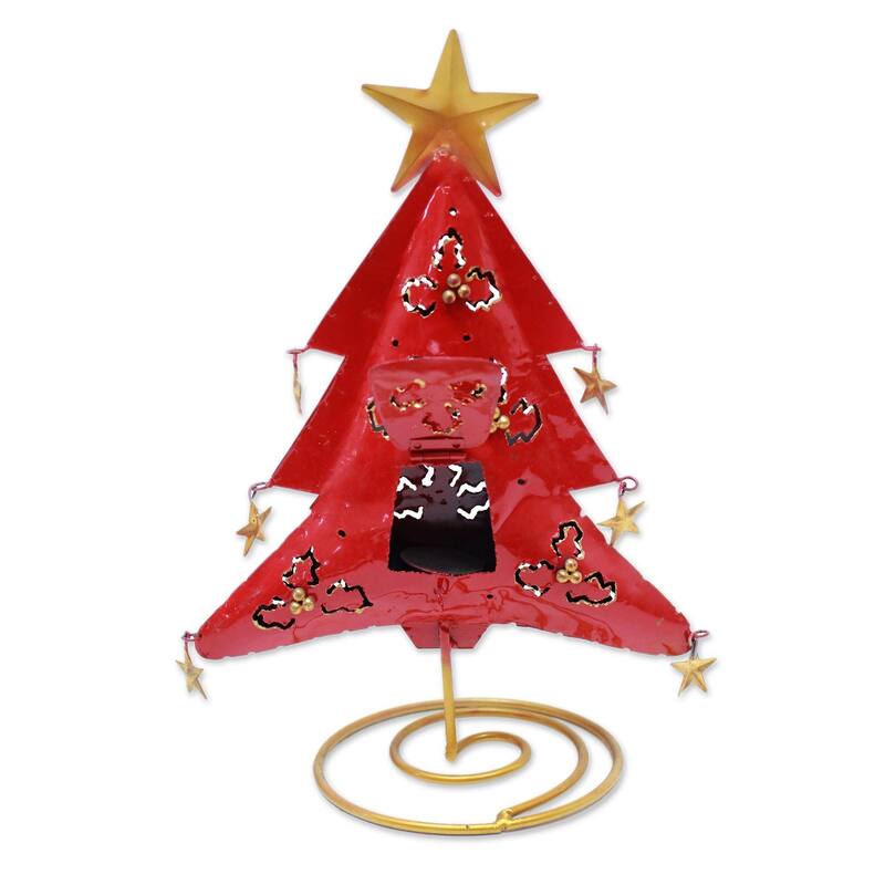 Handmade Red Christmas Tree Steel tealight holder (Indonesia)
