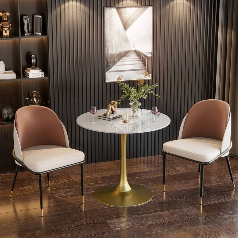 Round Dining Table Marble Modern Tulip Table Slate Tabletop with Metal Pedestal Base