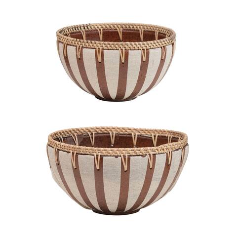 Handmade Decorative Terra-cotta Bowls with Woven Rattan Rims, Set of 2