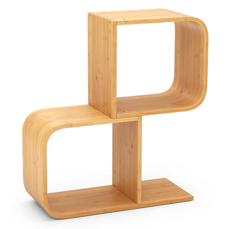 Gymax Bamboo Geometric Bookshelf 2-Tier S-Shaped Bookcase w/