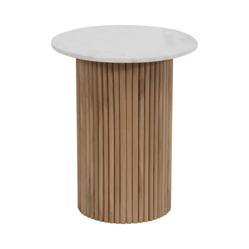 Sagebrook Home Mango Wood & Marble Accent Table with Reeded Base, MDF Support, and Contemporary Cylinder Design