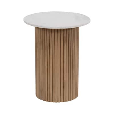 Sagebrook Home Mango Wood & Marble Accent Table with Reeded Base, MDF Support, and Contemporary Cylinder Design
