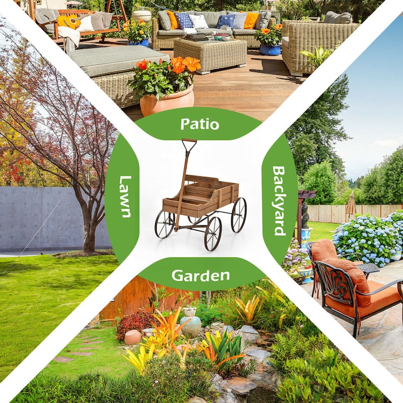 Gymax Garden Plant Planter Wooden Wagon Planter W/ Wheel Garden Yard - 24.5'' x 13.5'' x 24''