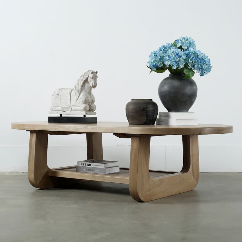 Walnut wood oval coffee table with storage neutral wood tone 68x32x18H