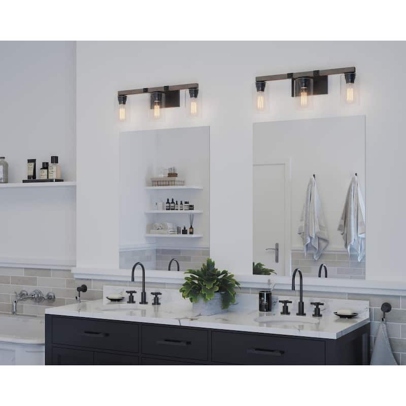 Barnes Mill Collection Three-Light Antique Bronze Clear Seeded Glass Farmhouse Bath Vanity Light - 24"W 8"H