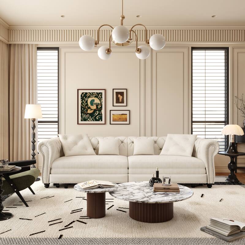 89" Chesterfield Pull Out Sofa Bed - Velvet 3-in-1 Convertible Sleeper with Chaise & Ottoman, King Size Sleeper Sofa