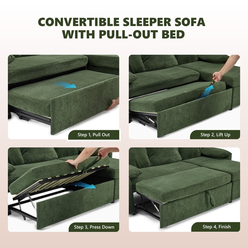 Modern L-Shaped Upholstered Velvet Sleeper Sectional Sofa bed with Chaise and Queen Pull Out Bed