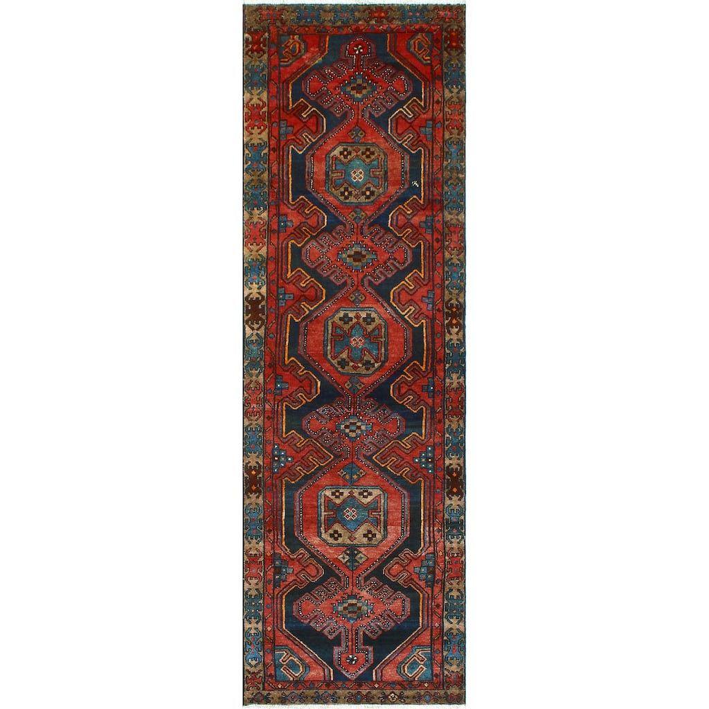 Fine Vintage Distressed Ameenah Red/Navy Runner - 3'1" x 9'4"