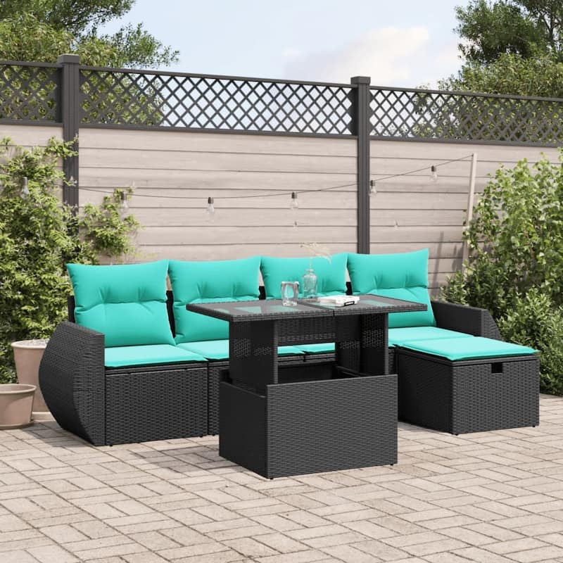vidaXL Patio Sofa Set with Cushions Sectional Couches 6 Piece Poly Rattan - Black without storage - 21.7" x 24.4" x 27.2"