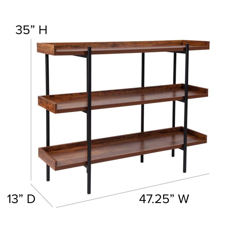3 Shelf 35"H Display Unit with Metal Frame in Rustic Wood Grain Finish