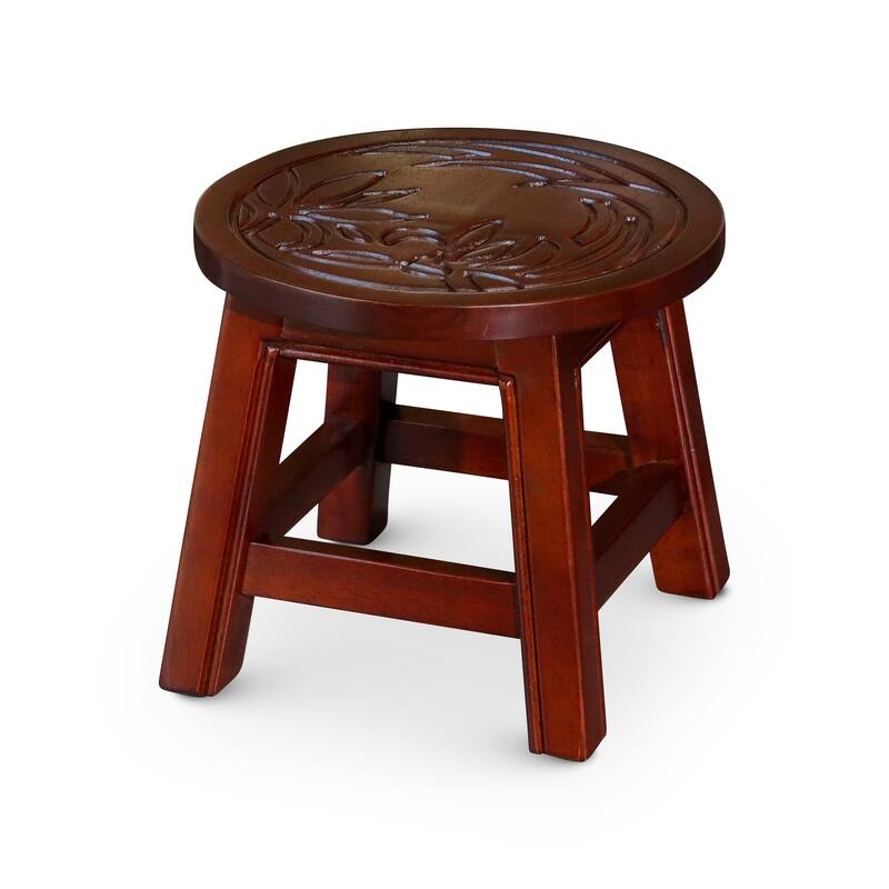 Carved Wooden Step Stool, Floral, Cherry - Cherry