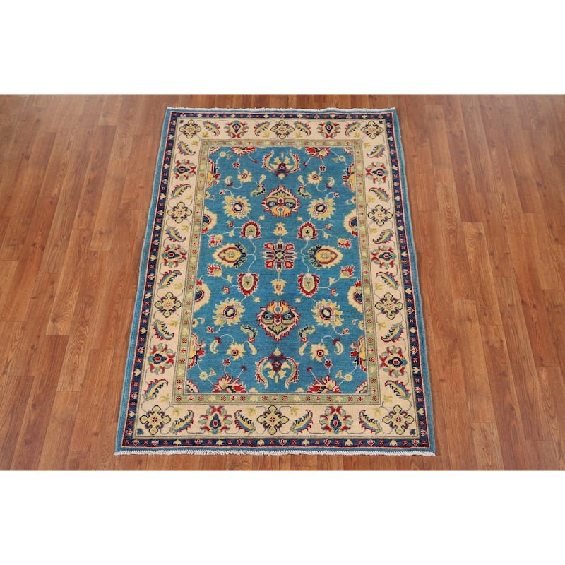 Light Blue Kazak Traditional Accent Rug Hand-Knotted Wool Carpet - 3'5" x 4'11"