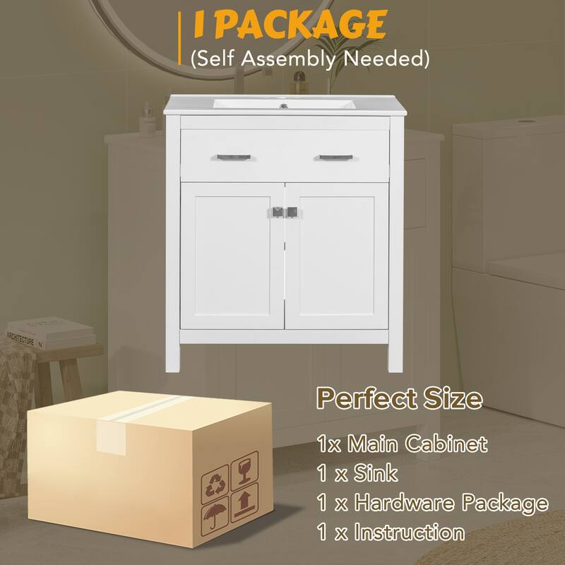 30 Inch Single Sink Bathroom Vanity Cabinet, Solid Wood Frame