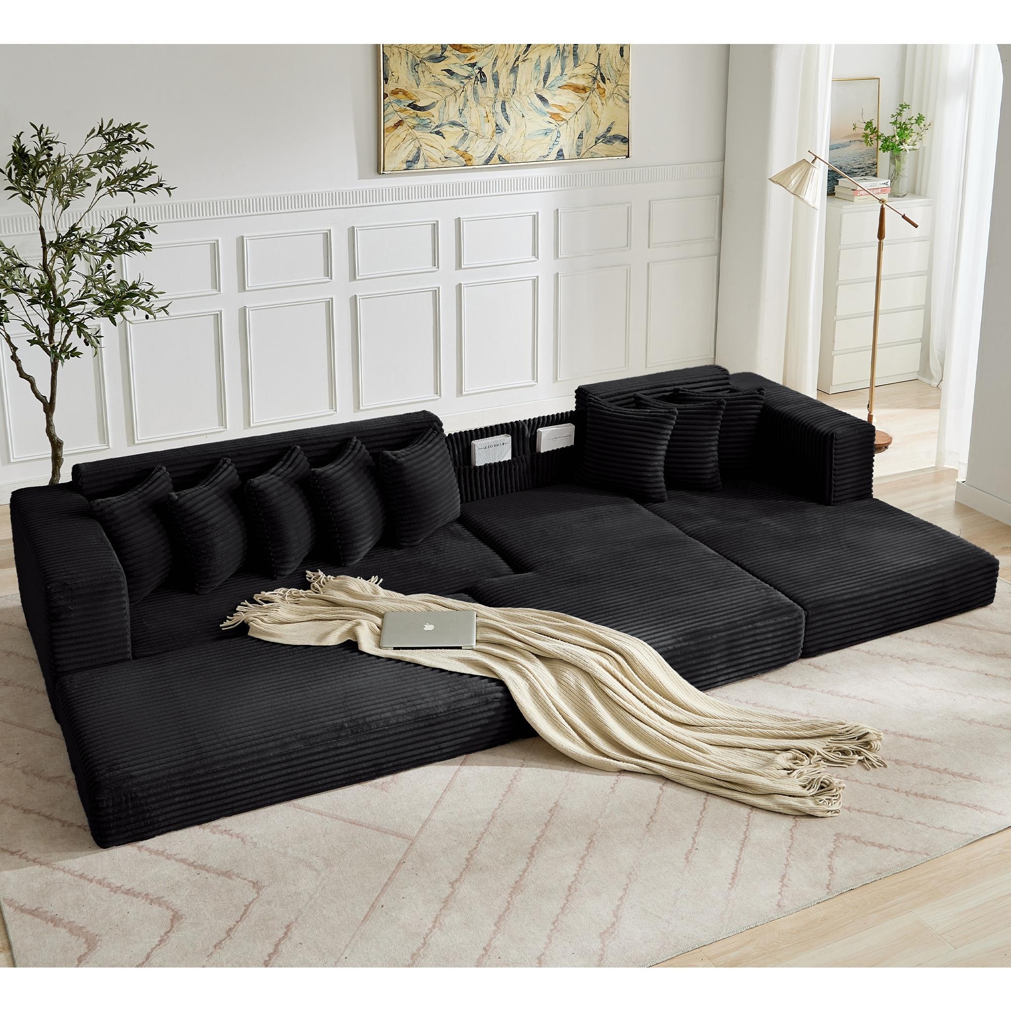 Corduroy L-shaped Chaise Sectional Sofa Convertible Sleeper Sofa Bed