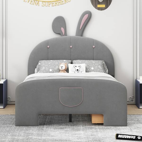 slide 2 of 18, Full Size Rabbit-Shaped Platform Bed with Drawers and Storage Pocket