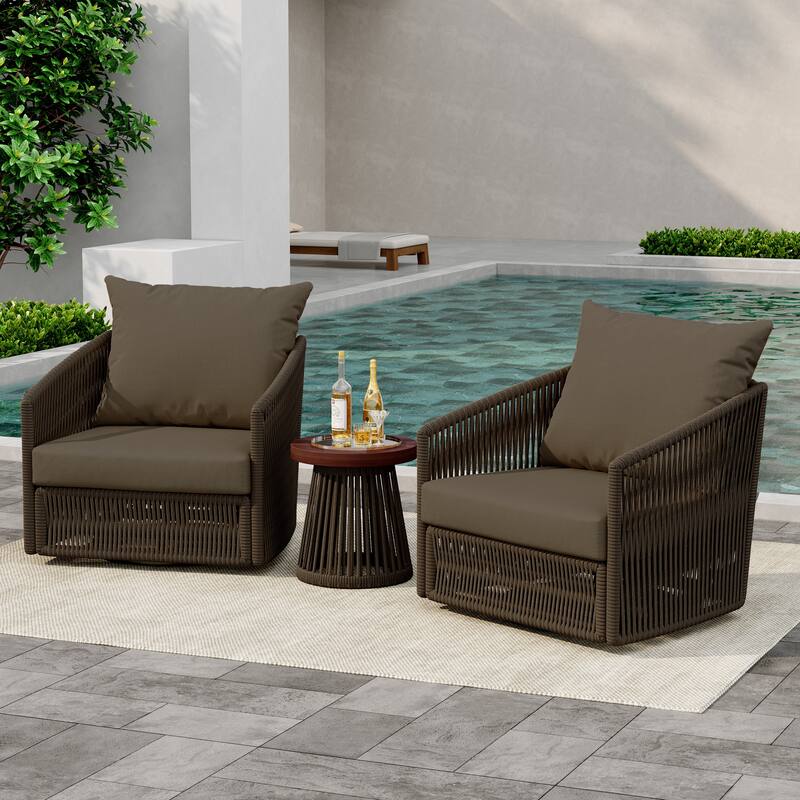 3-Piece Outdoor Rattan Swivel Lounge Chair Set Barrel Chairs for Backyard - Coffee