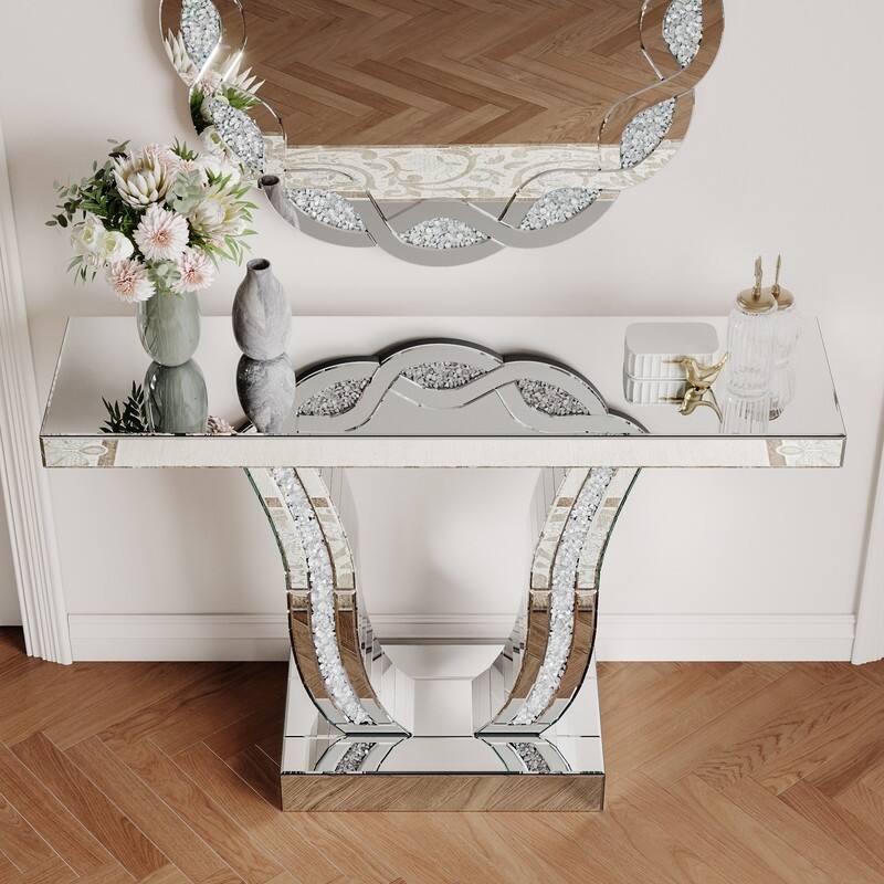 Mirrored 43" Silver Console Table, Entryway Sofa Table With Curved Legs