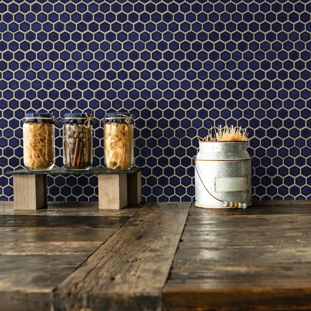 Merola Tile Tribeca 1" Hex Glossy Cobalt 10-1/4" x 11-7/8" Porcelain Mosaic Floor and Wall Tile