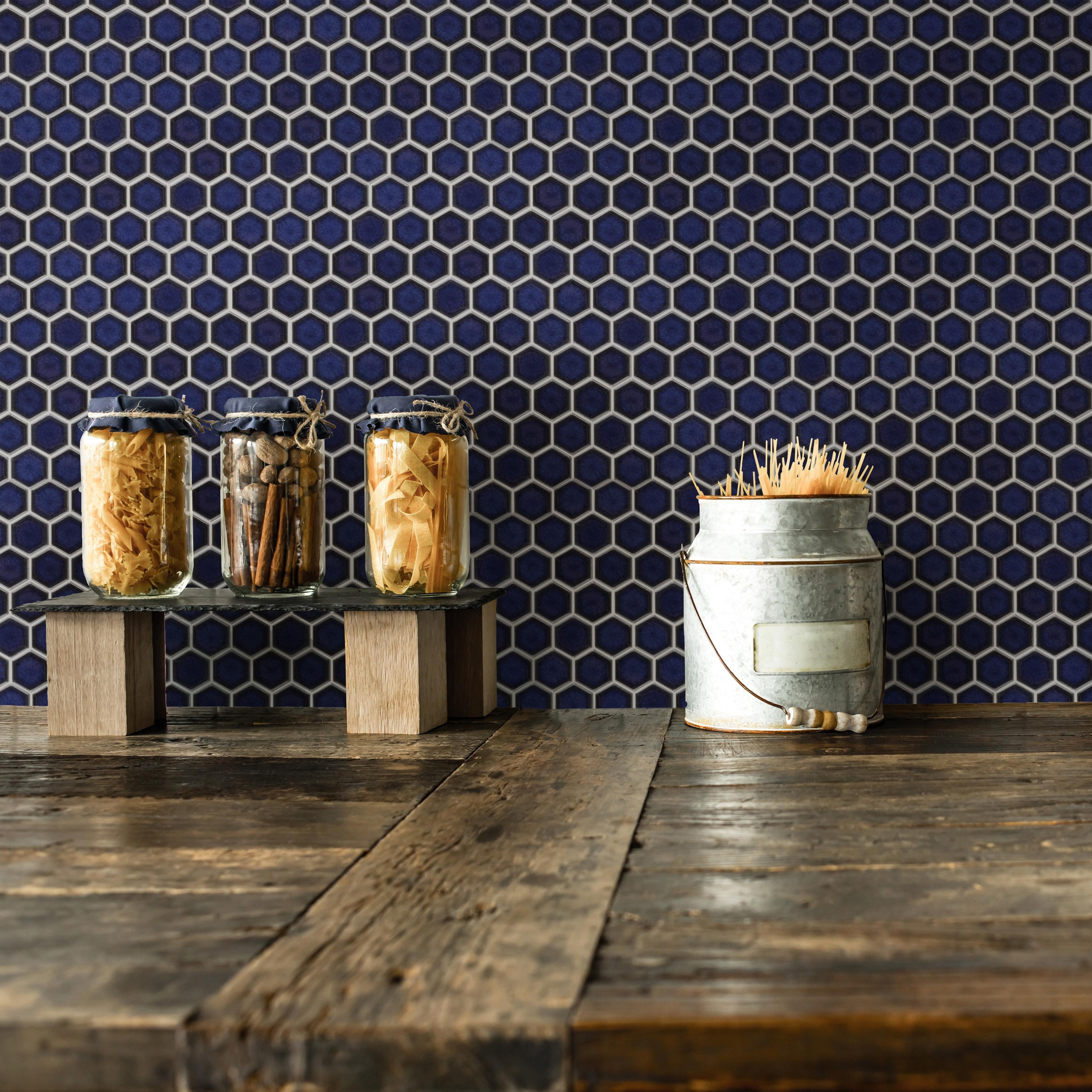 Merola Tile Tribeca 1" Hex Glossy Cobalt 10-1/4" x 11-7/8" Porcelain Mosaic Floor and Wall Tile