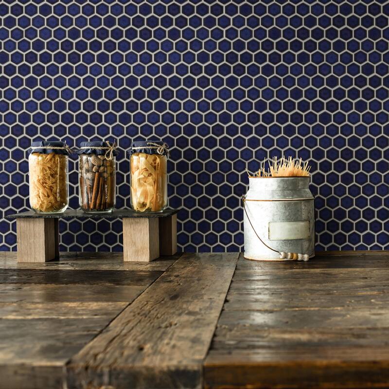 Merola Tile Tribeca 1" Hex Glossy Cobalt 10-1/4" x 11-7/8" Porcelain Mosaic Floor and Wall Tile - Case (10 Tiles)
