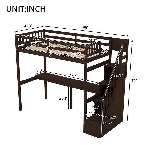 dimension image slide 1 of 2, Contemporary Design Twin Size Loft Bed with Storage Staircase and Built-in Desk, Durable Structure, Maximized Space, Espresso