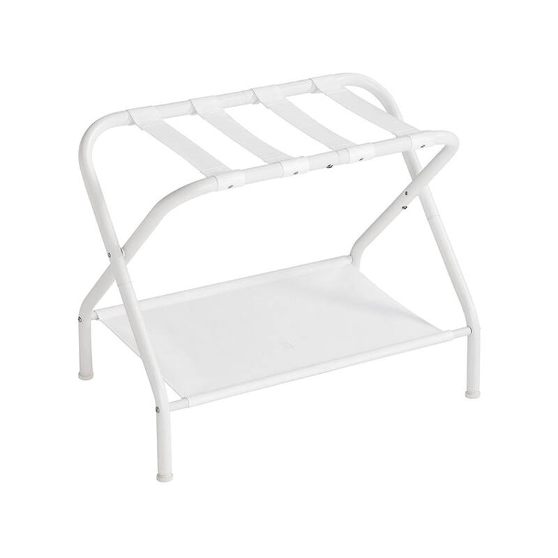 Foldable Steel Luggage Rack with Nylon Straps and Bottom Shelf for Guest Room or Hotel Use - Single - White