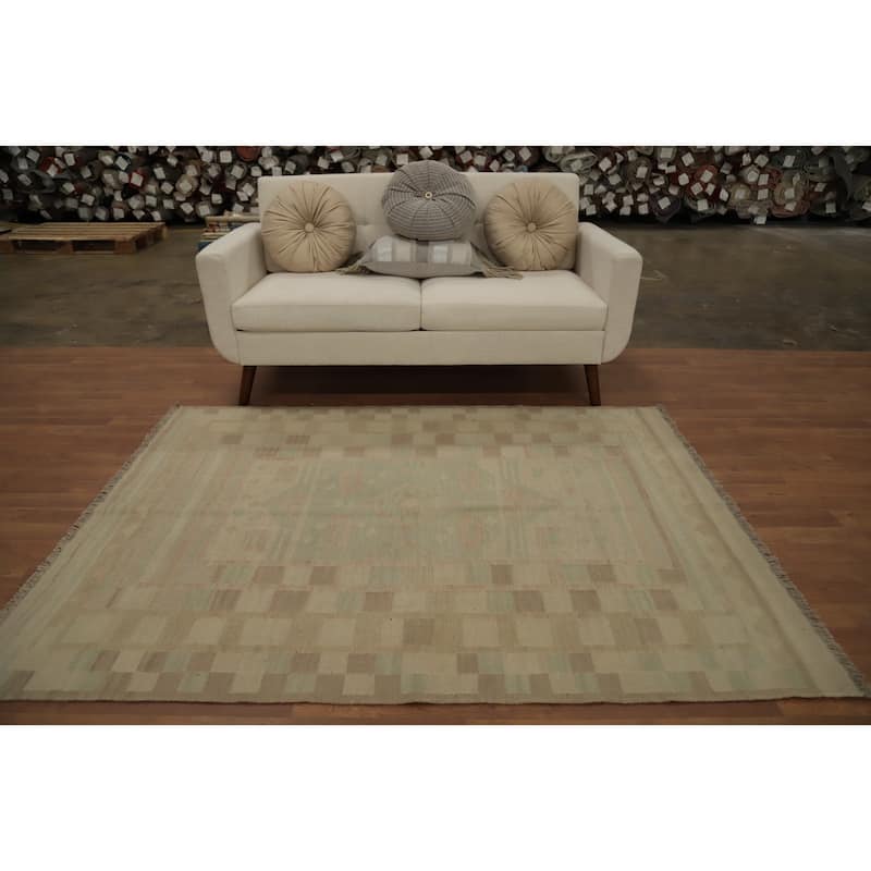 Hand Woven Oriental 100% Wool Carpet Southwestern Tribal Green Kilim Area Rug - 6' 4'' X 4' 9''