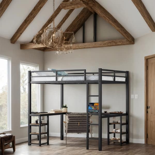 slide 2 of 8, Full Size Metal Loft Bed with Desk,Shelves, Ladder and Guardrails