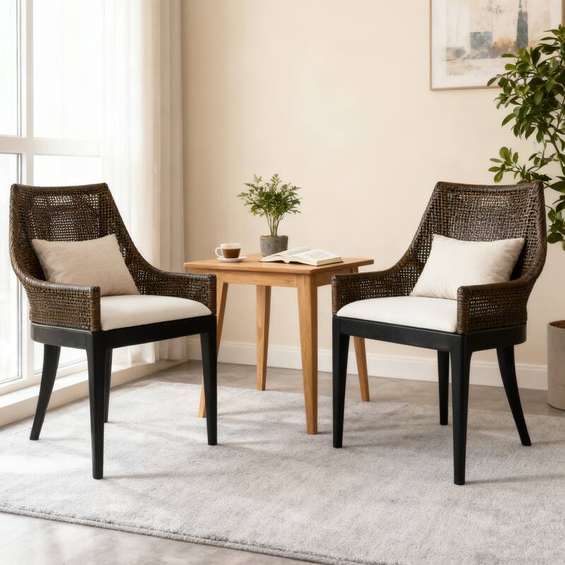 Boho 18" W Rattan Accent Chair Mahogany Leg Base - Set of 2 - Dark Brown Black