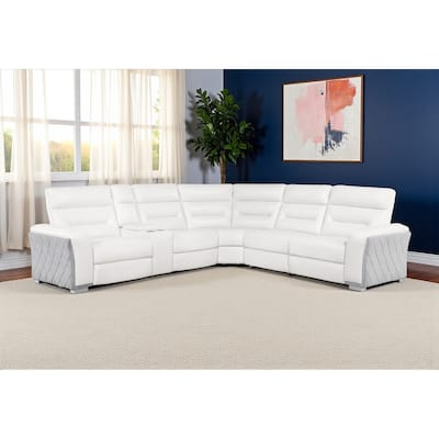 HomeRoots Gray And White Faux Leather Power Reclining Curved Corner Sectional With Console