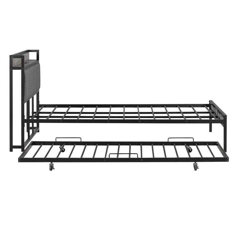 HomeRoots Black and Gray Metal And Upholstery Queen Bed Frame With Trundle