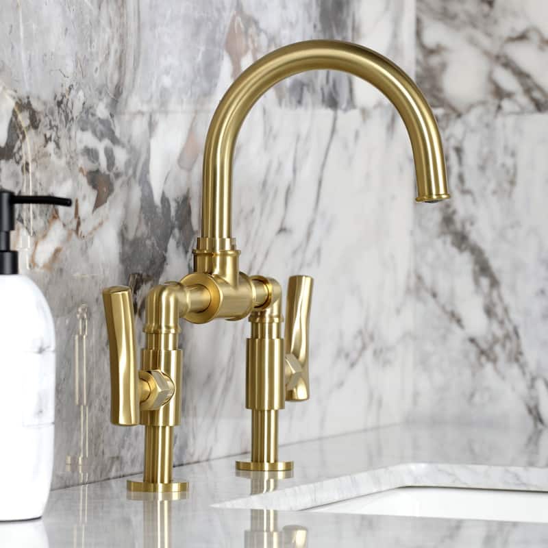 Kingston Brass Hallerbos Two-Handle 4-Hole Deck Mount Bridge Bathroom Faucet with Brass Pop-Up Drain