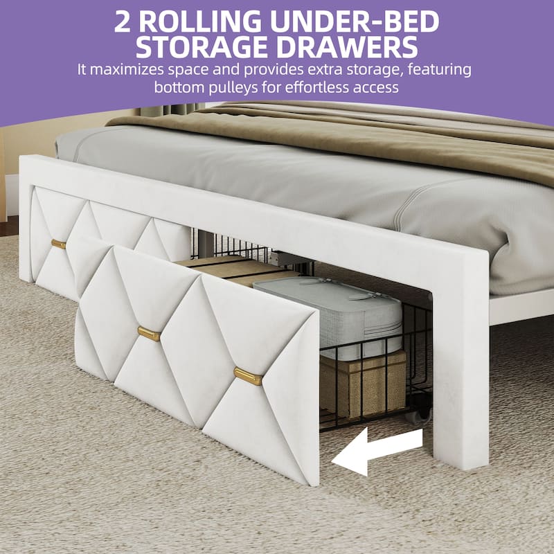 Farmhouse Bed Frame Upholstered Headboard Platform Bed with Charging Station