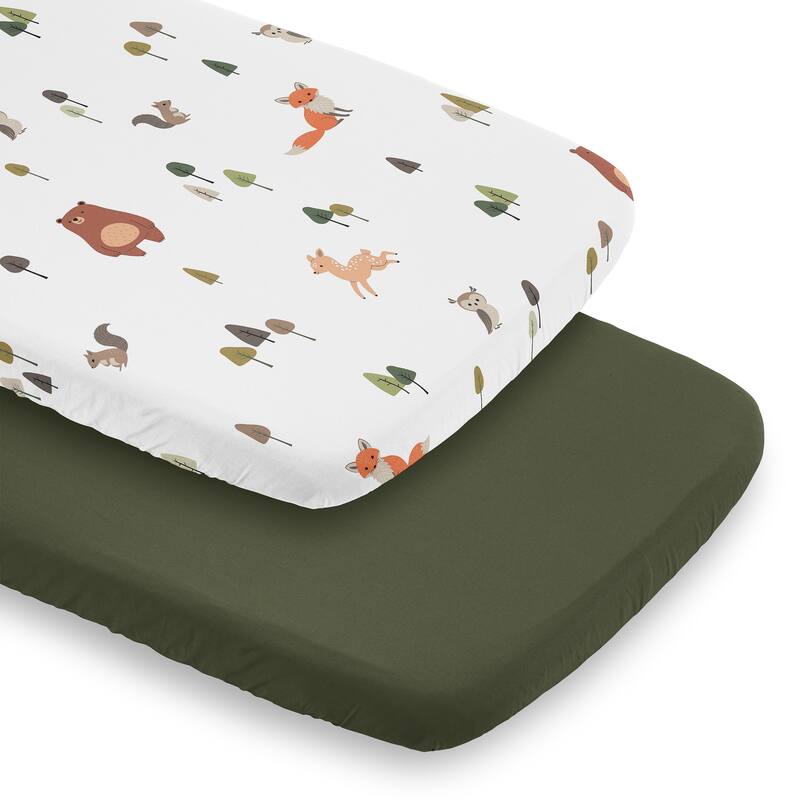 Sweet Jojo Designs Woodland Animals Boy, Girl, Unisex/Gender Neutral 2 Pack Baby Bassinet Fitted Sheets - Solid Green and Forest