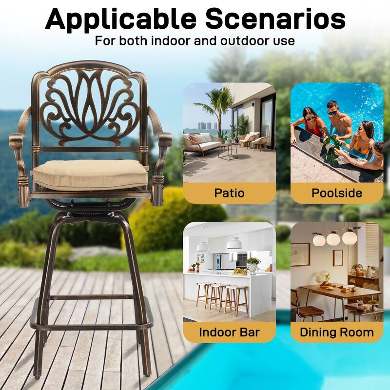 Set of 2 Aluminum Swivel Bar Stools with Thick Comfortable Cushions and Footrests for Patio or Porch - 25.2"D x 25.6"W x 51"H