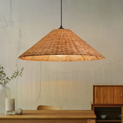 1-Light Farmhouse Straw Hat Hand Woven Chandelier with Natural Rattan Shade
