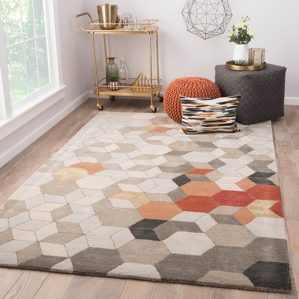 Duras Handmade Geometric Light Grey Orange Area Rug Overstock 20583627