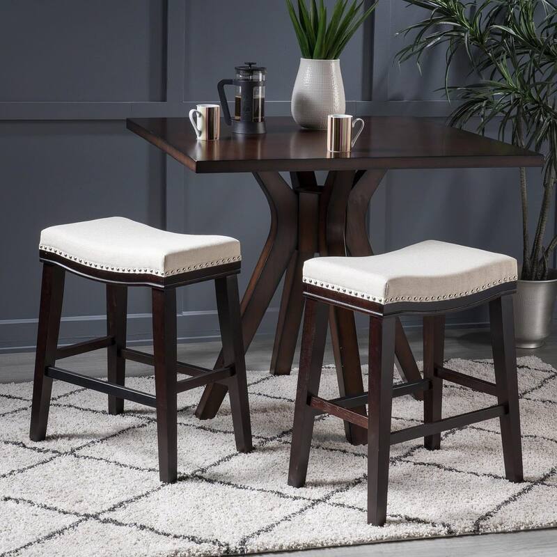 Modern Set of 2 Bar Stools with Leather Cushioned Seats, Nailhead Trim, Solid Wood Legs for Dining Room Living Room and Bar - Beige