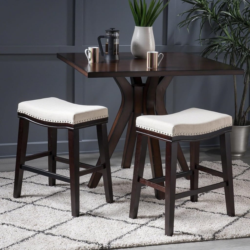 Modern Set of 2 Bar Stools with Leather Cushioned Seats, Nailhead Trim, Solid Wood Legs for Dining Room Living Room and Bar