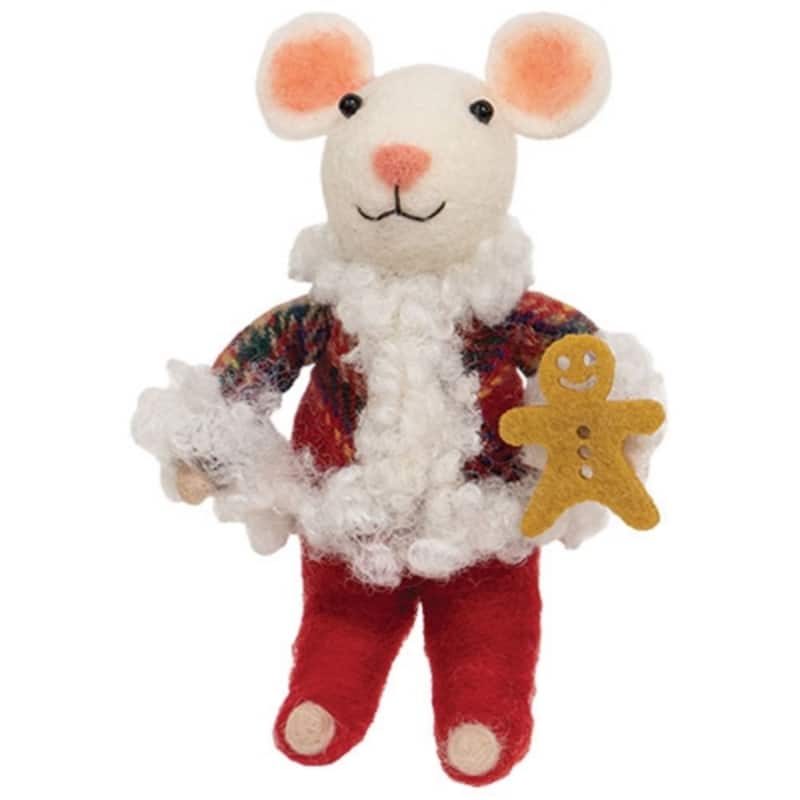 Mouse with Gingerbread Man Felted Ornament for Christmas Tree - 4.75" H x 2.75" W x 1.75" D - Yellow/White/Red