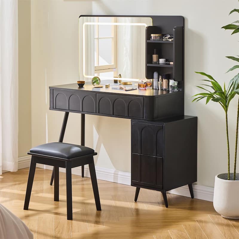 Modern 3 Colors LED Makeup Vanity Desk with Mirror, 4 Drawers and Stool