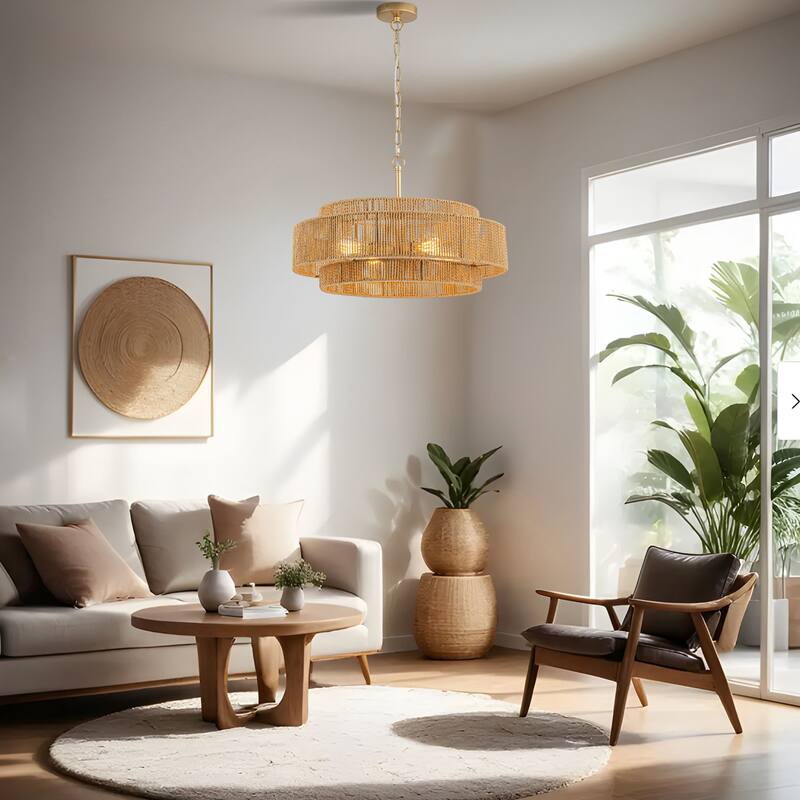 Starsky 4-Light 23inch Rattan Tiered Bohemian Light Fixture Drum Chandelier