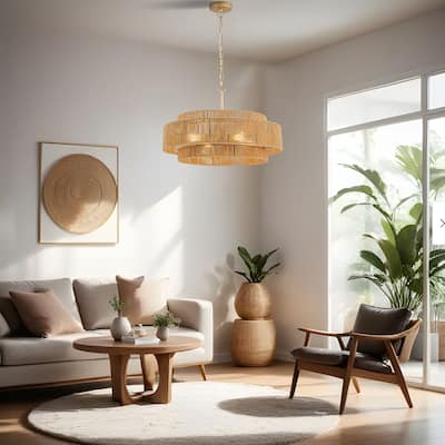 Starsky 4-Light 23inch Rattan Tiered Bohemian Light Fixture Drum Chandelier