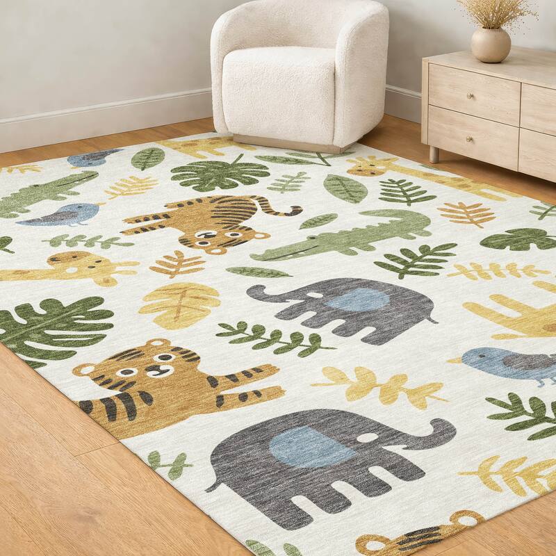 Machine Washable Indoor/ Outdoor Whimsy Safari Animals Chantille Rug