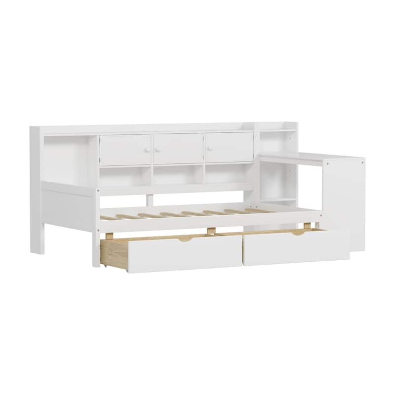 Roomfitters Wooden L-Shape Daybed with Storage Cabinets, Study Desk, Built-In Bookshelf, Space-Saving Platform Bed, White