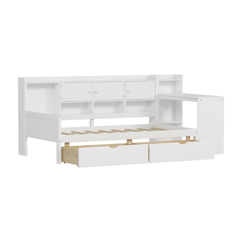 Twin/Full Size Wooden L-Shape Daybed with Cabinets and Drawers, Multi-functional Bed Frame with Desk and Bookshelf
